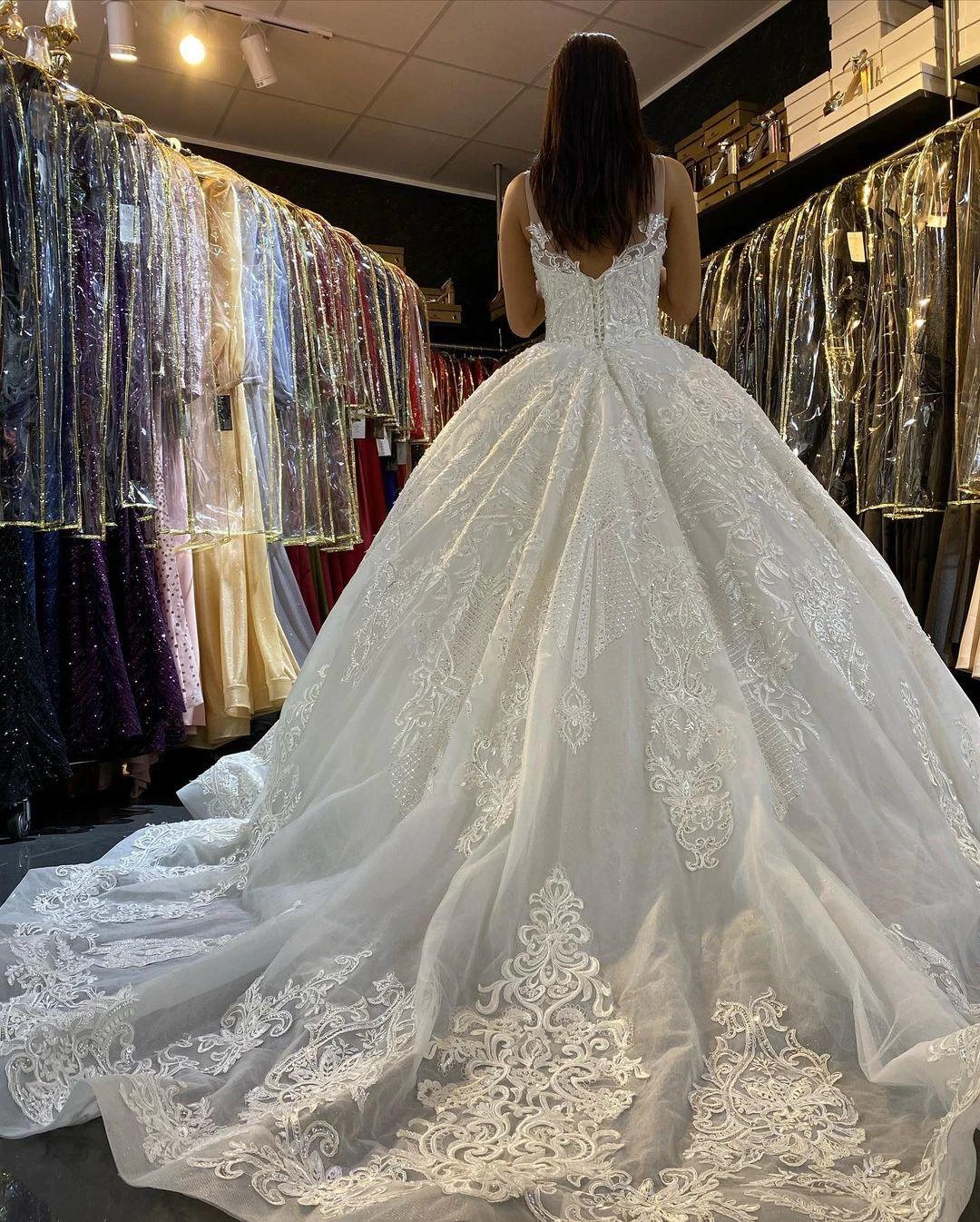 Long Princess V-neck Appliques Lace Backless Wedding Dress (ZD15062)