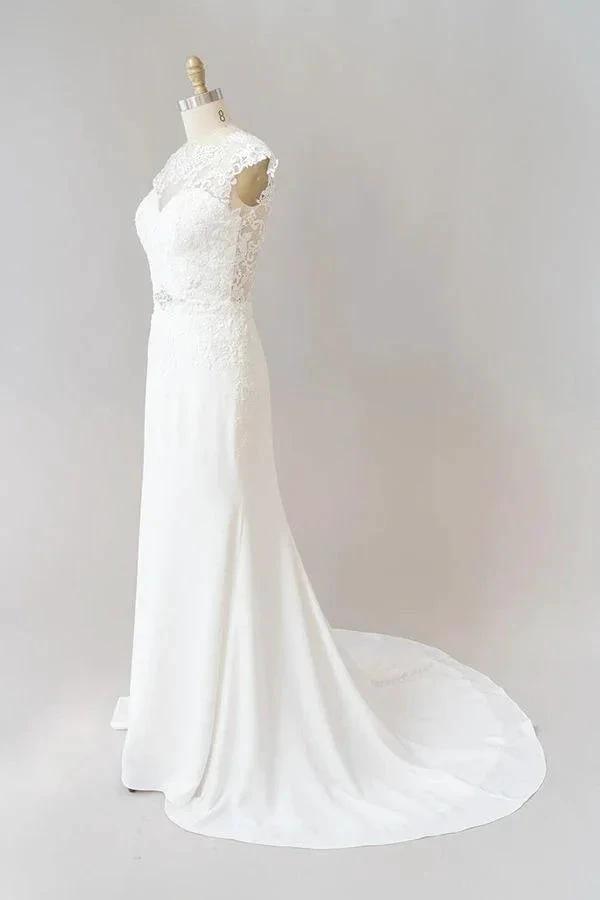 Long Sheath Illusion Lace Wedding Dress with Cap Sleeve (ZD14379)