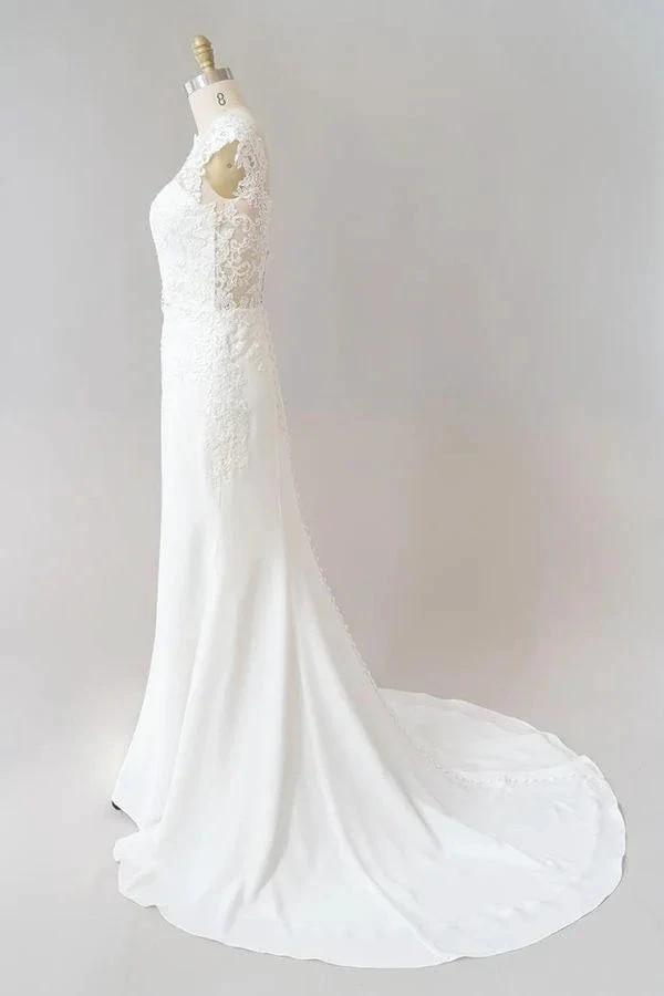 Long Sheath Illusion Lace Wedding Dress with Cap Sleeve (ZD14379)