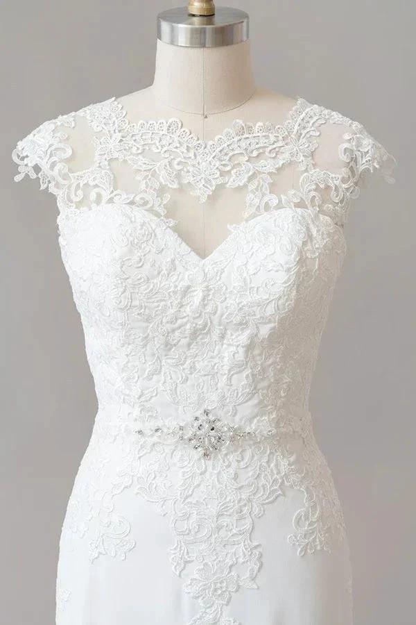 Long Sheath Illusion Lace Wedding Dress with Cap Sleeve (ZD14379)