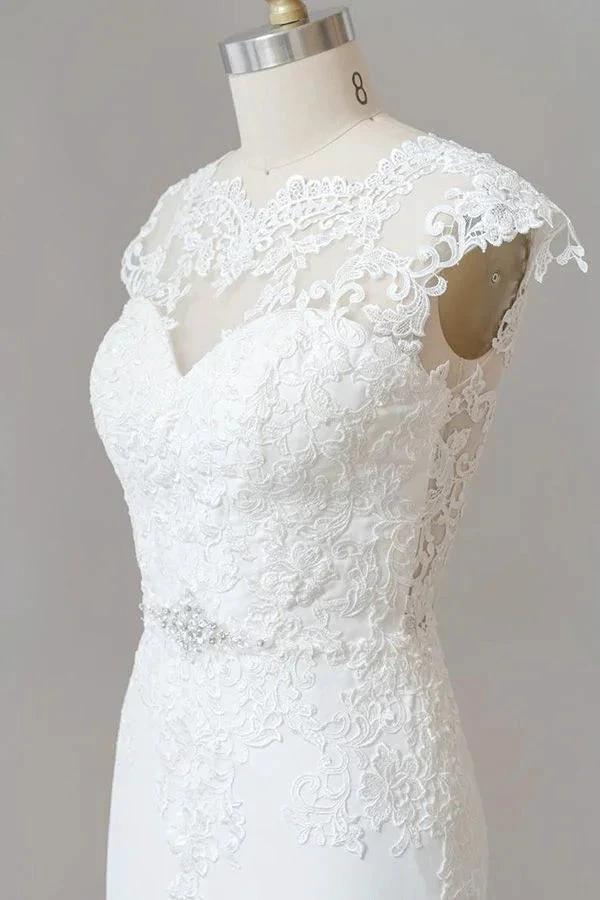 Long Sheath Illusion Lace Wedding Dress with Cap Sleeve (ZD14379)