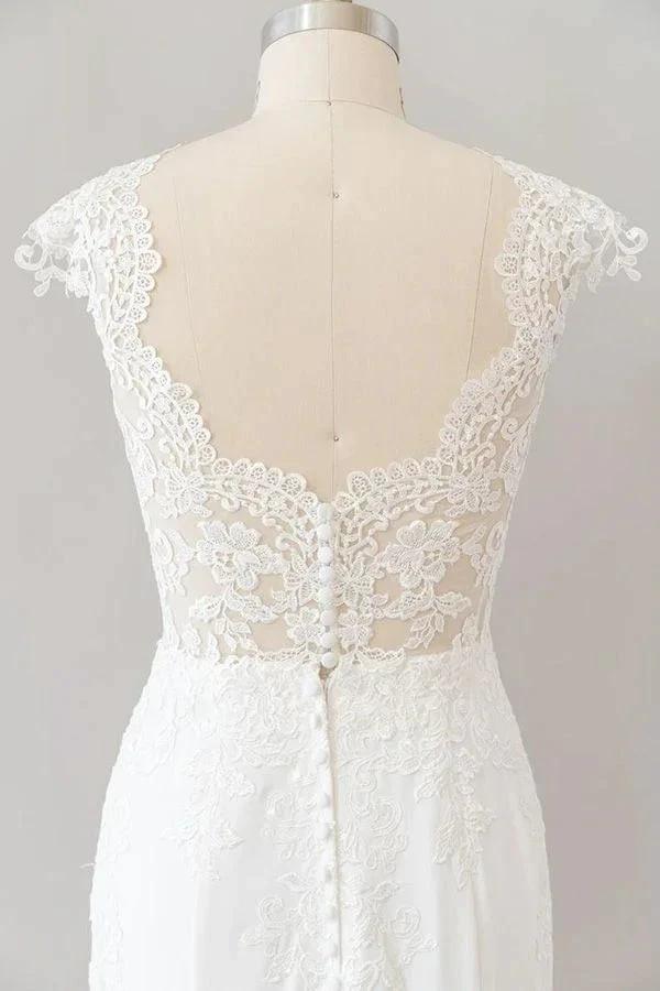 Long Sheath Illusion Lace Wedding Dress with Cap Sleeve (ZD14379)