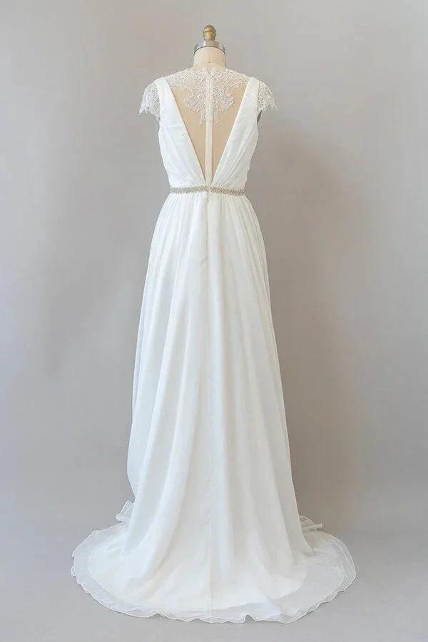 Long Sheath V-neck Lace Chiffon Wedding Dress with Cap Sleeves (ZD14382)