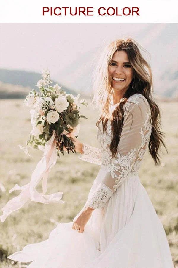 Long Sleeve A-line Appliques Lace Chiffon Wedding Dress (ZD14451)
