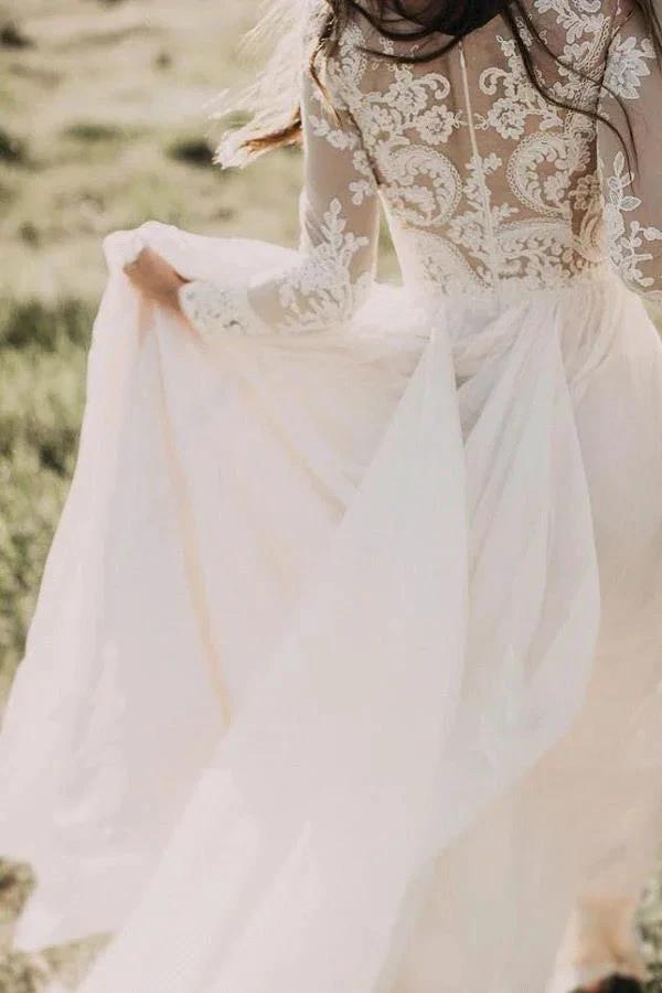 Long Sleeve A-line Appliques Lace Chiffon Wedding Dress (ZD14451)