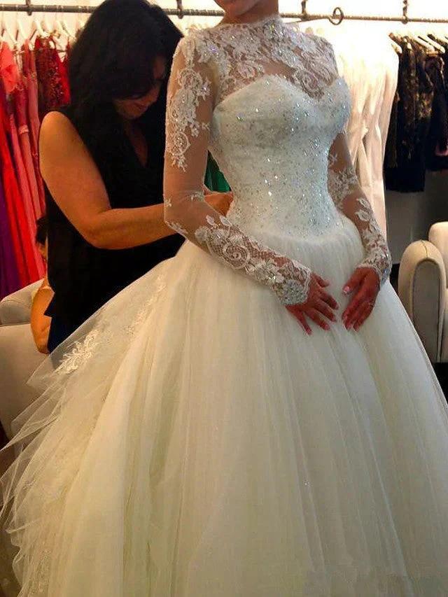 Long Sleeve A-Line Jewel Neck Court Train Lace Tulle Wedding Dresses (ZD15949)