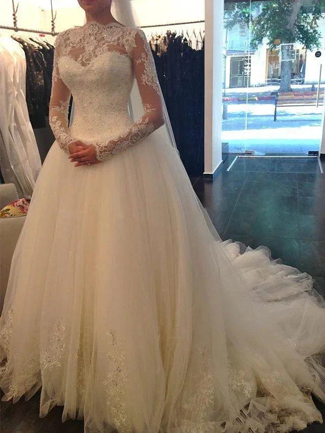 Long Sleeve A-Line Jewel Neck Court Train Lace Tulle Wedding Dresses (ZD15949)