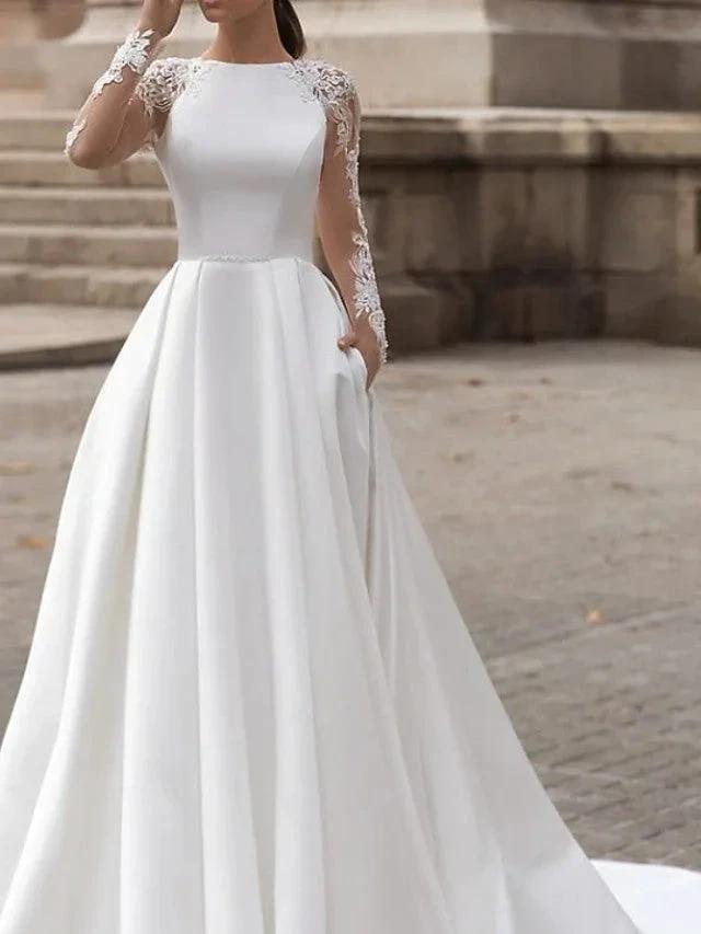 Long Sleeve A-Line Jewel Neck Sweep Brush Train Lace Satin Wedding Dresses with Pockets (ZD15953)