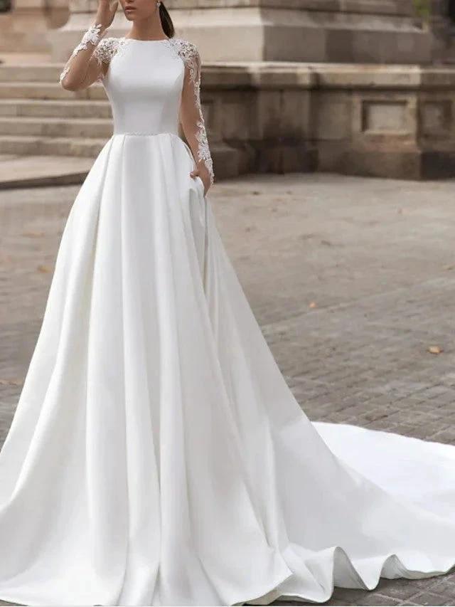 Long Sleeve A-Line Jewel Neck Sweep Brush Train Lace Satin Wedding Dresses with Pockets (ZD15953)