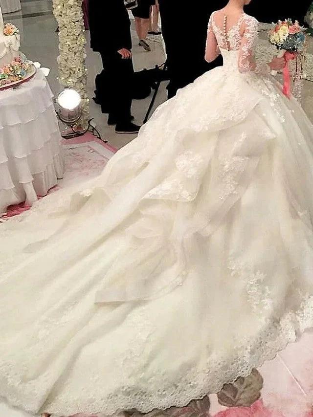 Long Sleeve A-Line Scoop Neck Court Train Organza Wedding Dresses (ZD15946)