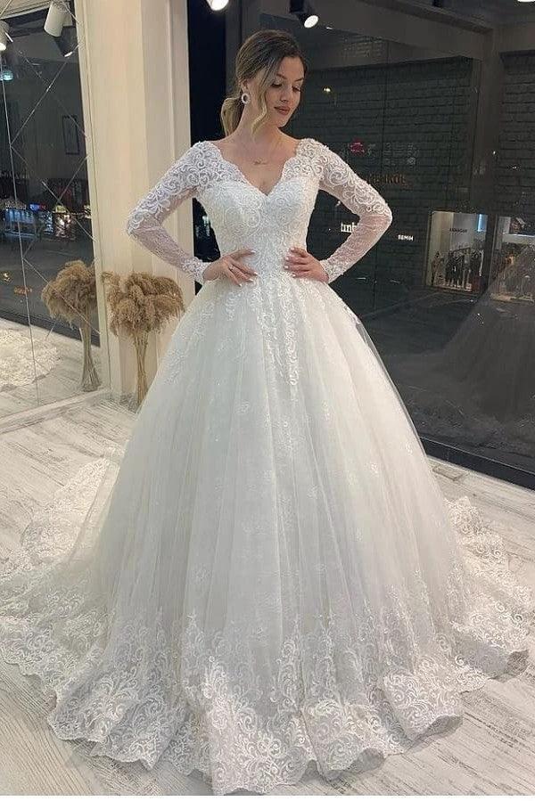 Long Sleeve A-Line V-neck Appliques Lace Backless Tulle Wedding Dress (ZD15071)