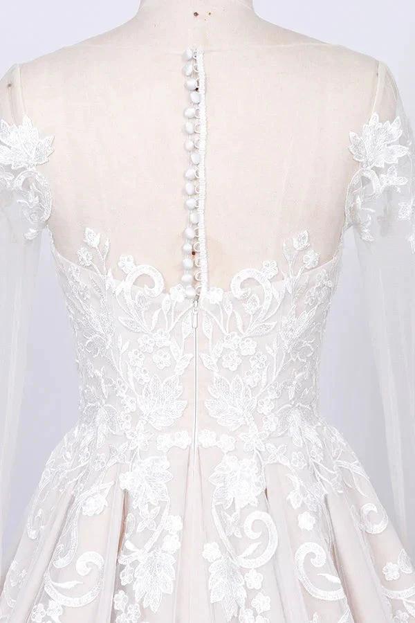 Long Sleeve Appliques Lace Tulle A-line Wedding Dress (ZD14427)