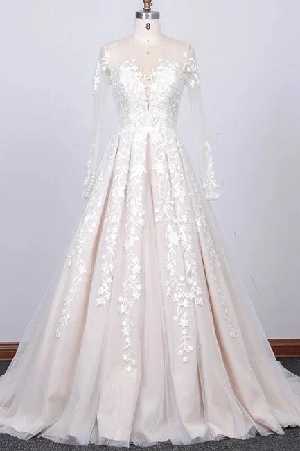 Long Sleeve Appliques Tulle A-line Wedding Dress by misshow.com