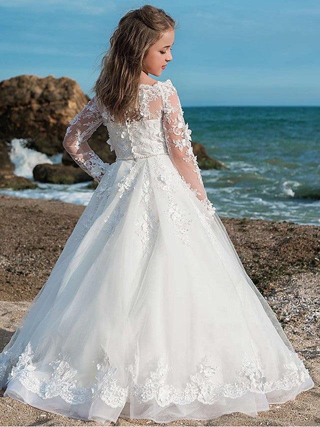 Long Sleeve Ball Gown Jewel Neck Lace Tulle Wedding Party Flower Girl Dresses - View 2 | VelvetHem