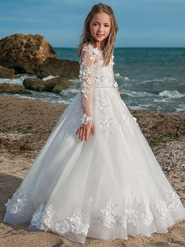 Long Sleeve Ball Gown Jewel Neck Lace Tulle Wedding Party Flower Girl Dresses - VelvetHem