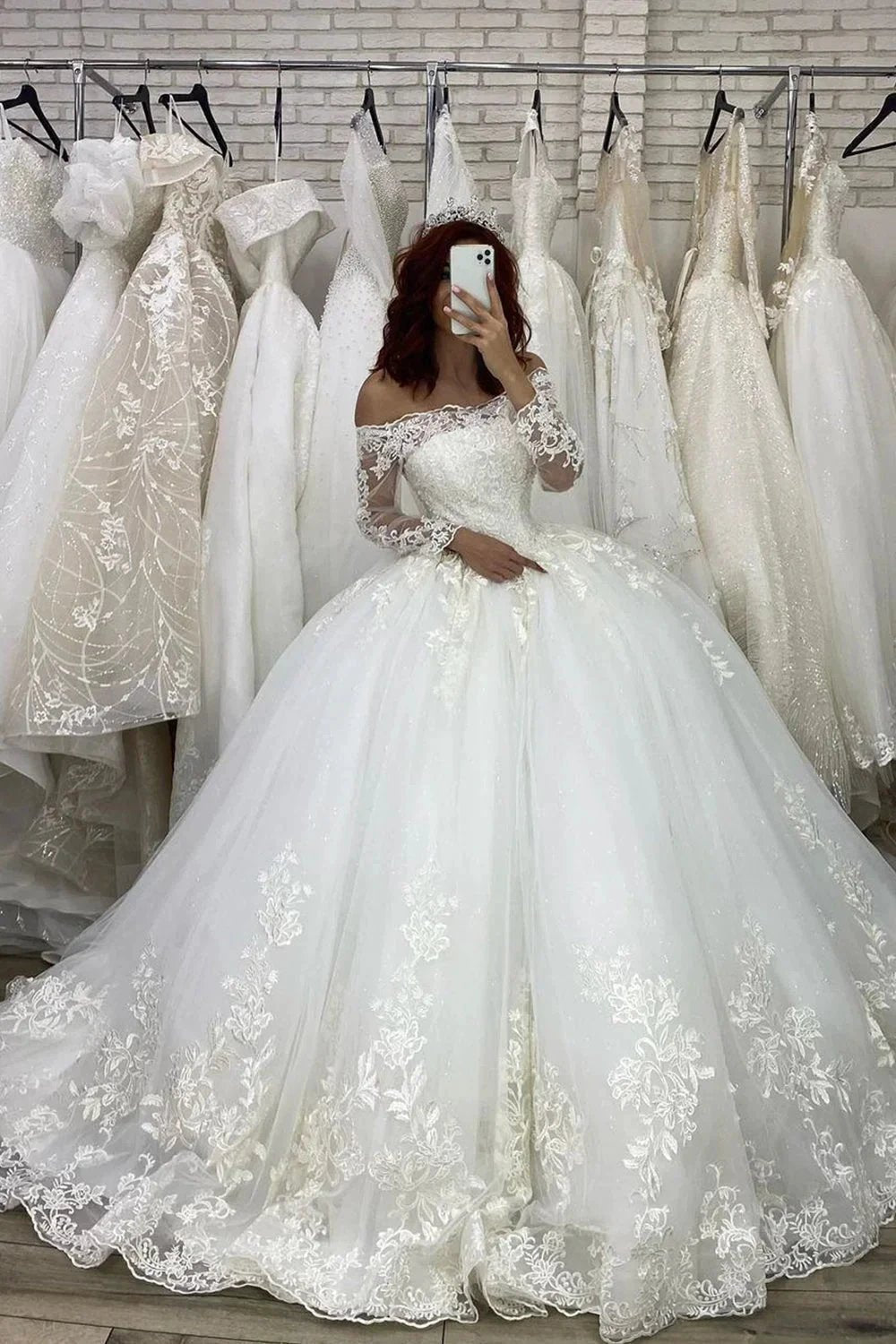 Long Sleeve Ball Gown Off The Shoulder Illusion Wedding Dress (ZD15991)