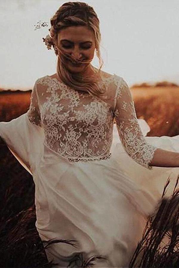 Long Sleeve Bateau See-through Bodice A-line Wedding Dress (ZD15337)