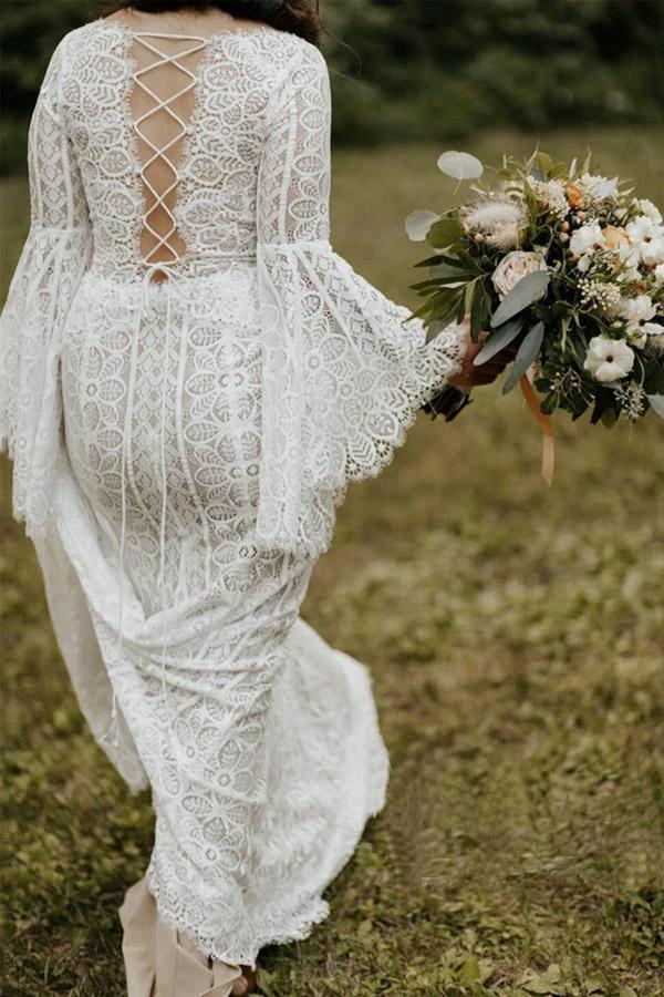 Long Sleeve Lace Wedding Dresses Lace Up Back Beach Wedding Dress (ZD16358) - View 4 | VelvetHem