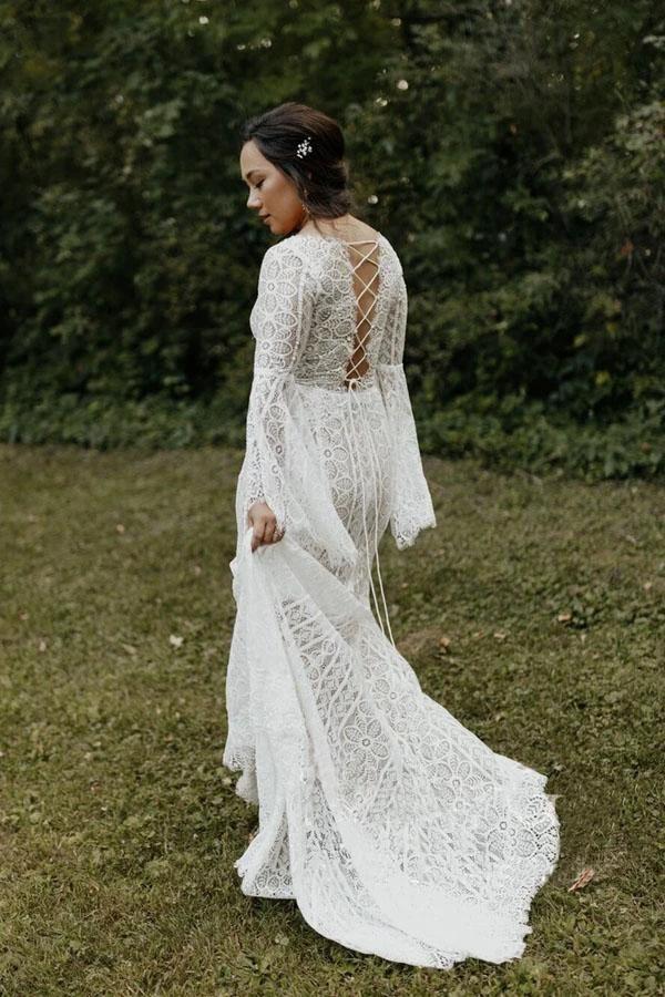 Long Sleeve Lace Wedding Dresses Lace Up Back Beach Wedding Dress (ZD16358)