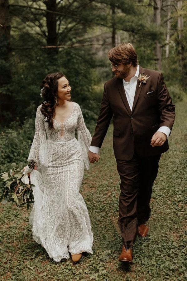 Long Sleeve Lace Wedding Dresses Lace Up Back Beach Wedding Dress (ZD16358)