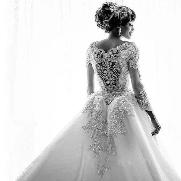 Long Sleeve Mermaid Beads Lace Appliques Wedding Dresses with Overskirt (ZD15985)