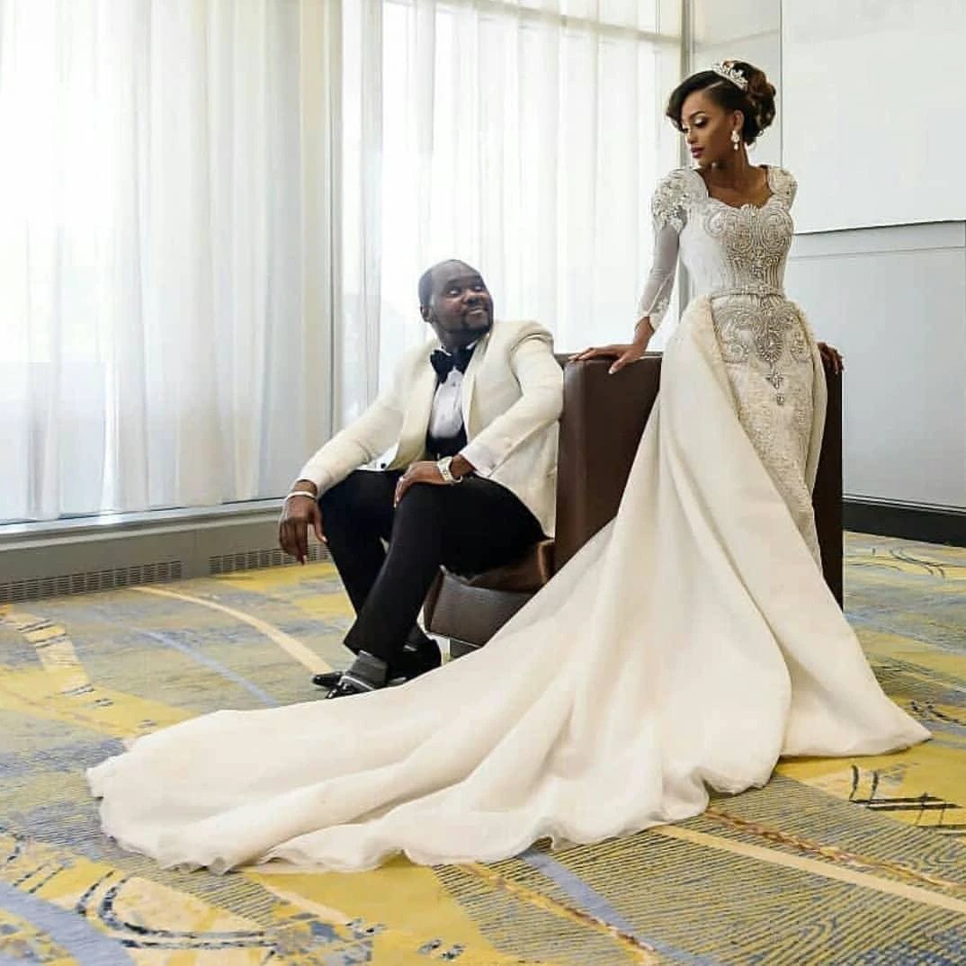 Long Sleeve Mermaid Beads Lace Appliques Wedding Dresses with Overskirt (ZD15985) - View 4 | VelvetHem