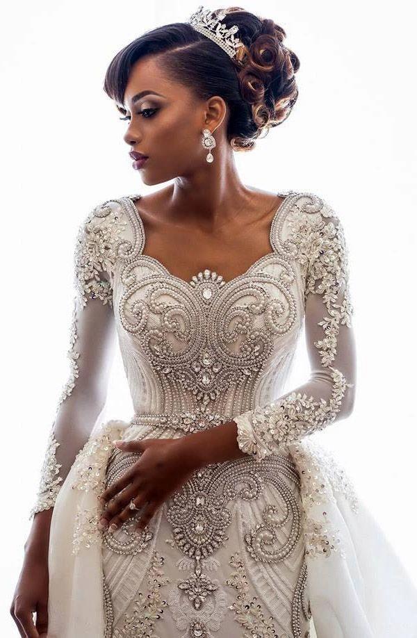 Long Sleeve Mermaid Beads Lace Appliques Wedding Dresses with Overskirt (ZD15985)
