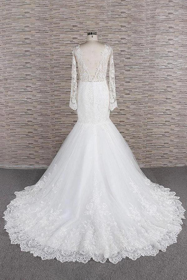 Long Sleeve Mermaid Sweetheart Appliques Lace Backless Wedding Dress (ZD15804)