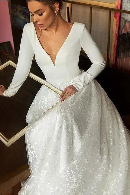 Long Sleeve V-neck Boho Bridal Gowns Satin Backless Lace Wedding Dress (ZD14453)
