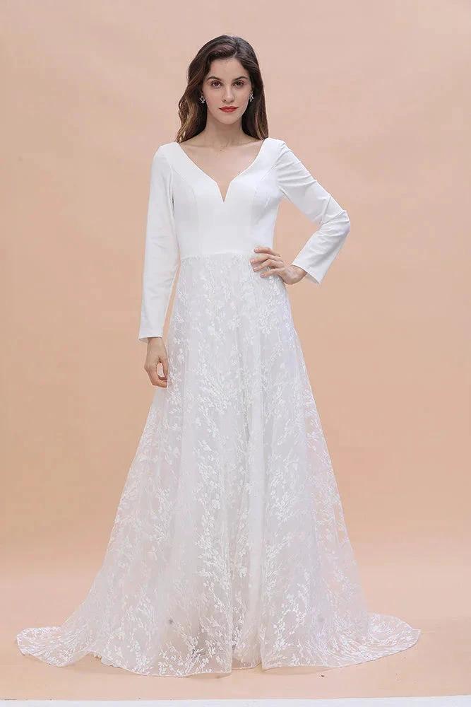 Long Sleeve V-neck Boho Bridal Gowns Satin Backless Lace Wedding Dress (ZD14453)