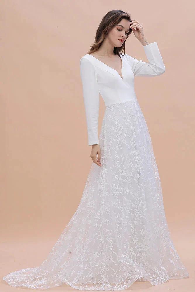 Long Sleeve V-neck Boho Bridal Gowns Satin Backless Lace Wedding Dress (ZD14453)