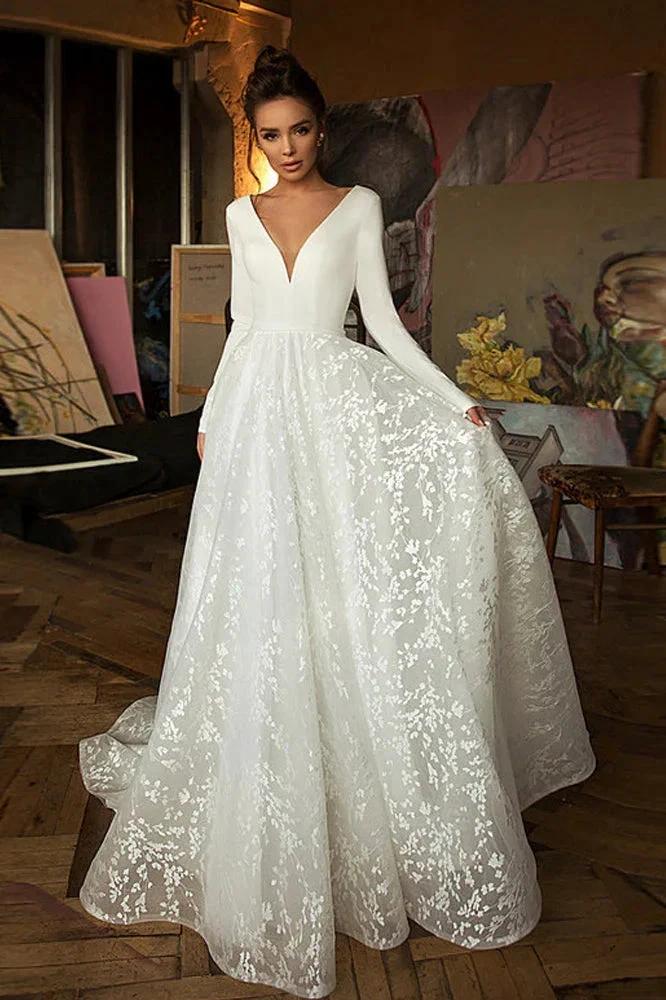 Long Sleeve V-neck Boho Bridal Gowns Satin Backless Lace Wedding Dress (ZD14453)