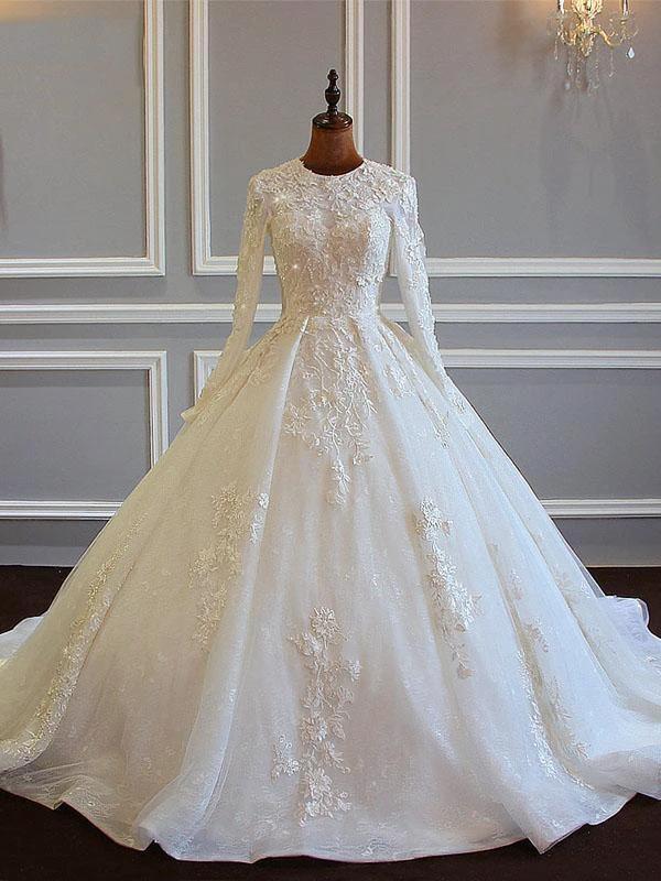 Long Sleeved Ball Gown Satin Wedding Dresses With Lace Flowers (ZD15884)