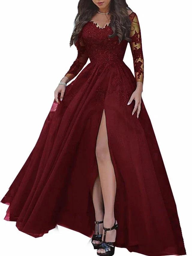 Long Sleeves A-Line Bateau Neck Sweep Brush Train Lace Prom Dresses with Slit (ZD15931) - View 3 | VelvetHem