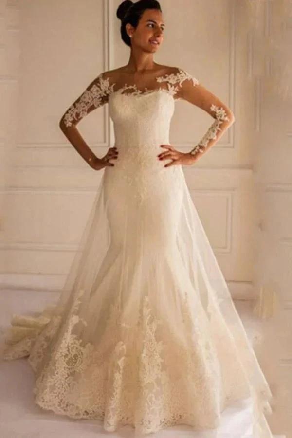 Long Sleeves Appliques Button Floor-Length Mermaid Wedding Dress (ZD15453)