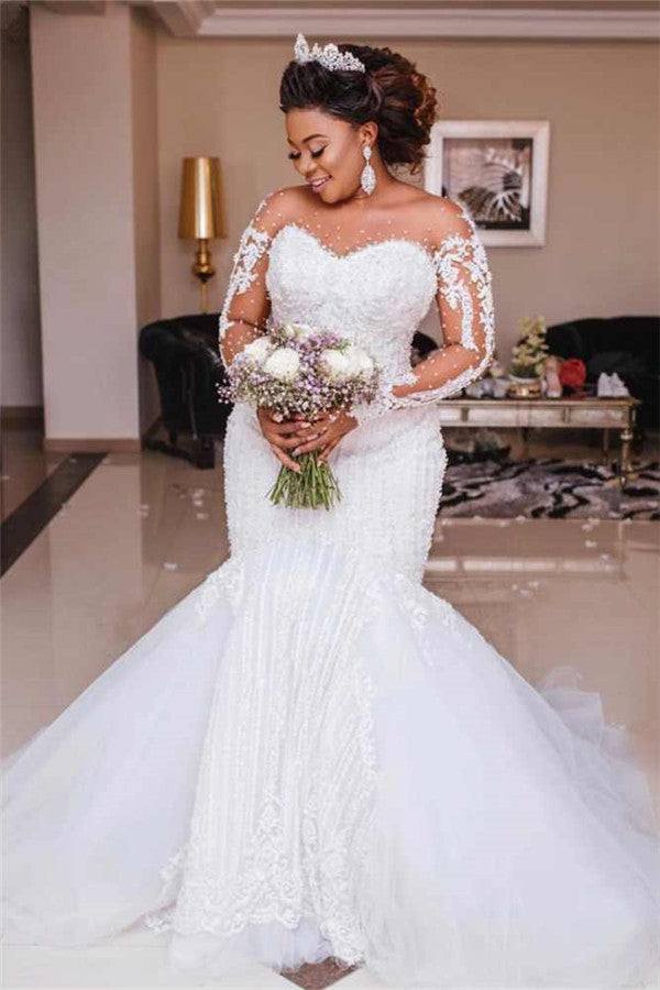 Long Sleeves Appliques Sheer Tulle Mermaid Lace Wedding Dress