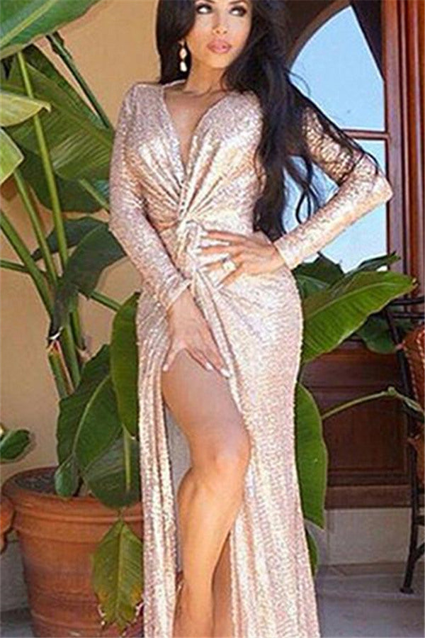 Long Sleeves Champagne Prom Dresses |Deep V-Neck Sequins Chic Slit Evening Dress
