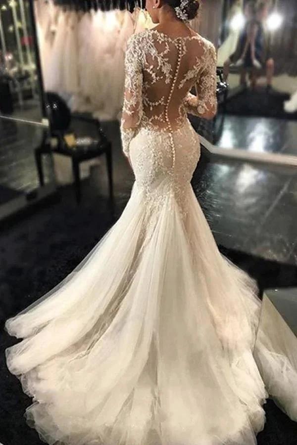 Long Sleeves Court Train Ivory Wedding Dress With Lace Appliques (ZD16306)