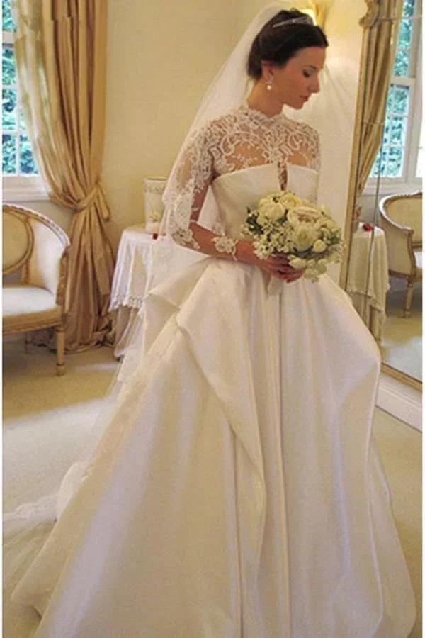 Long Sleeves High Neck Lace Court Train Satin Wedding Dress (ZD15451)