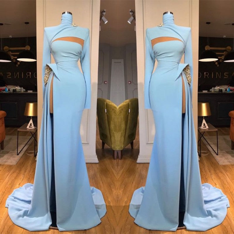 Long Sleeves High Neck Mermaid Prom Dress Long With Slit