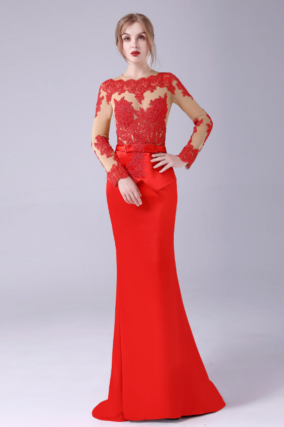 Long sleeves Jewel lace Mermaid Floor-Length mother's dress
