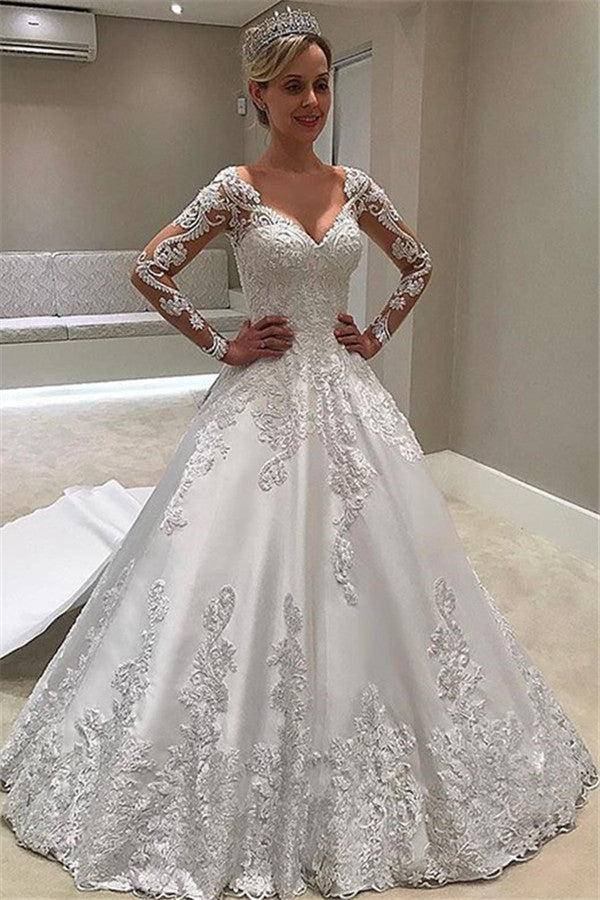 Long Sleeves Lace Appliques Wedding Dress A-Line Bridal Gowns (ZD17533)