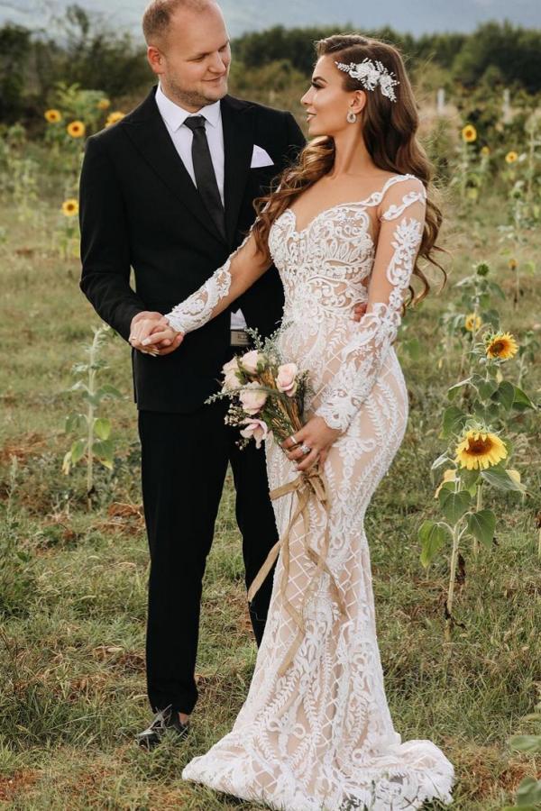 Long Sleeves Lace Wedding Dress Mermaid Boho Bridal Gowns (ZD17510)