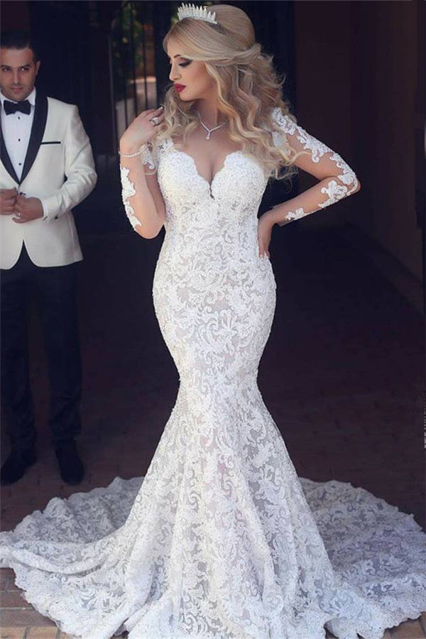 Long Sleeves Mermaid Lace Wedding Dress Modern Open Back V-Neck Classic Bridal Gown