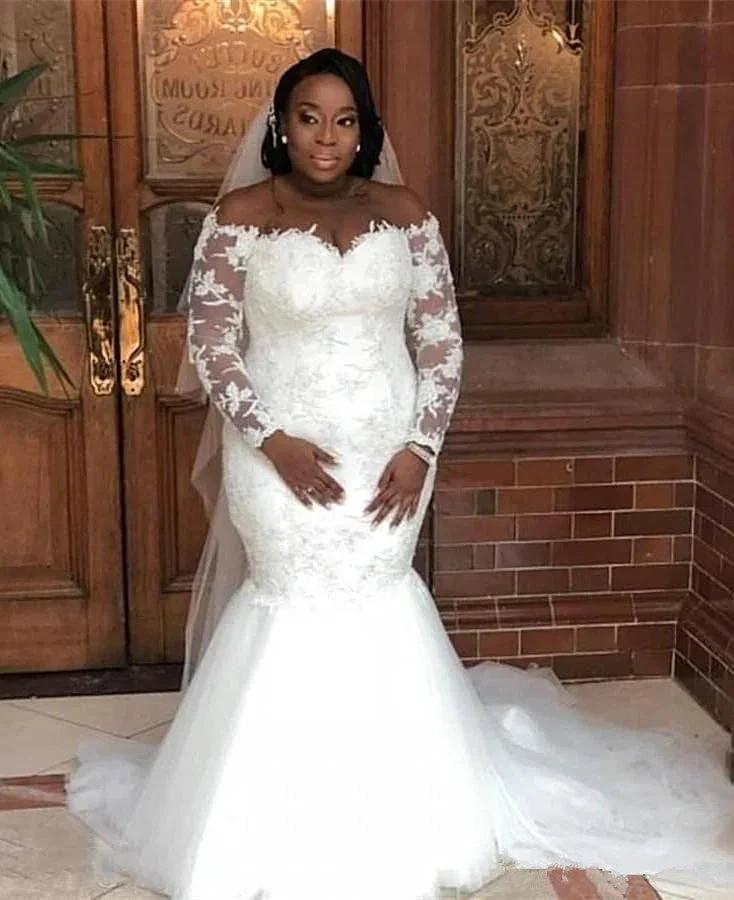 Long Sleeves Off-the-Shoulder Mermaid Lace Wedding Dress (ZD13859)