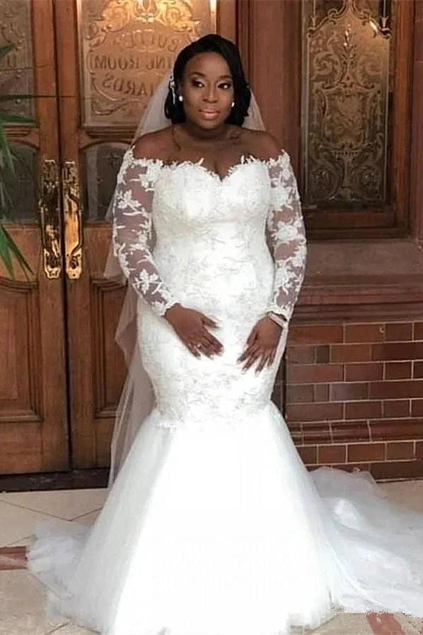 Long Sleeves Off-the-Shoulder Mermaid Lace Wedding Dress (ZD13859)