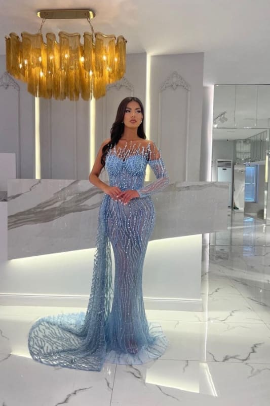 Long sleeves One-Shoulder Mermaid Dusty Blue Court Train Prom Dresses