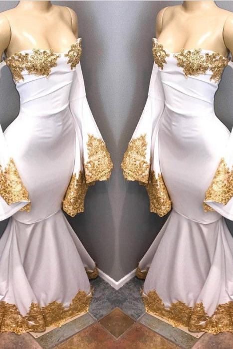 Long Sleeves Prom Party Gowns with gold appliques, mermaid evening dress