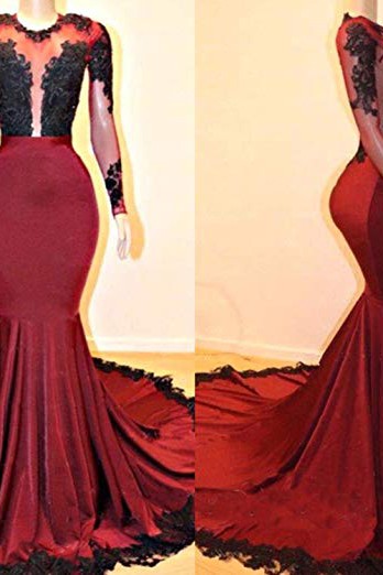 Long Sleeves Round Collar Mermaid Prom Dress Red Sequins Long Chiffon