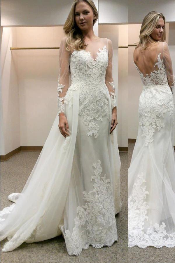 Long Sleeves Sheath Wedding Dress with Lace Detachable Train (ZD15450)